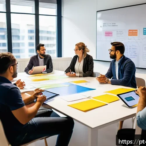 제품디자인에서의 문제 해결 워크숍 - A vibrant and modern workshop setting with a diverse group of professionals engaging in a brainstorm...