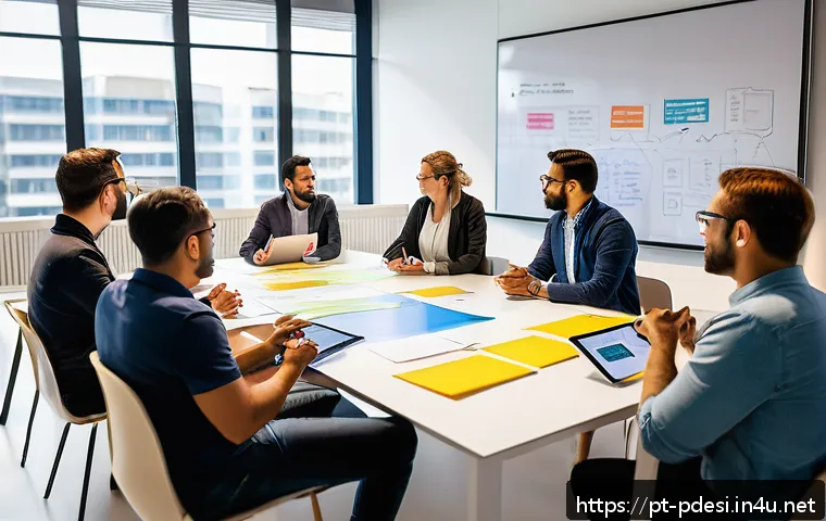 제품디자인에서의 문제 해결 워크숍 - A vibrant and modern workshop setting with a diverse group of professionals engaging in a brainstorm...